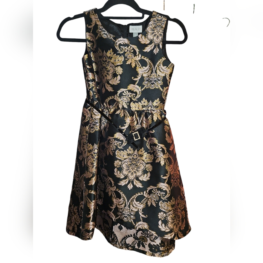 Girl’s Black, Pink & Gold Brocade Sleeveless Party Holiday Floral Dress Size 14